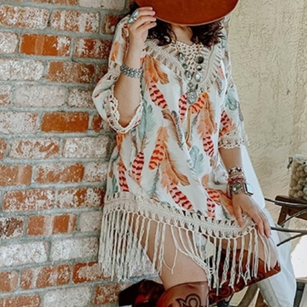 Boho Tribal Feather Print Fringe Detail TOp - Picture 3 of 8